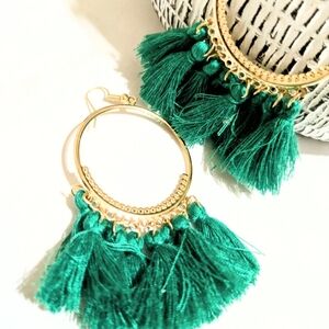 Elegant Gold and Green Tassel Hoop Earrings
